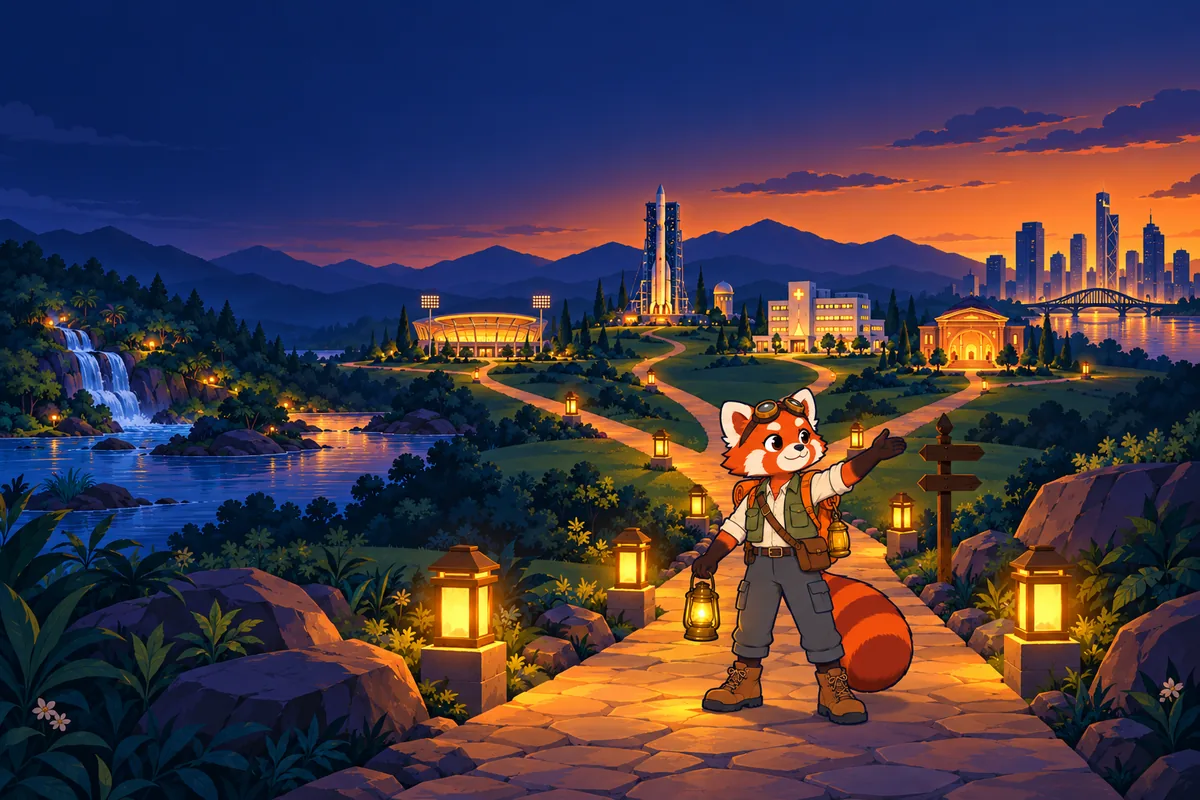 Darsh, your guide, holds a lantern on a lit path that forks towards many careers at dusk.
